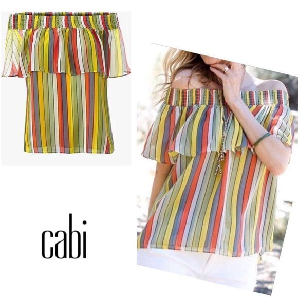 CAbi #5389 Carnival Striped Off-the-Shoulder Top Colorful. Size Medium. EUC - Picture 1 of 9